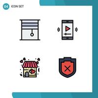 mobil gränssnitt fylld linje platt Färg uppsättning av 4 piktogram av ridå video spelare app rullar film skärm affär redigerbar vektor design element