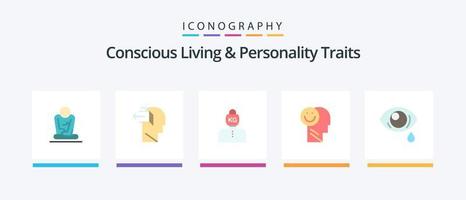 medveten levande och personlighet egenskaper platt 5 ikon packa Inklusive liv. Lycklig. släpp. lycka. påfrestning. kreativ ikoner design vektor