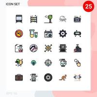 25 universell fylld linje platt färger uppsättning för webb och mobil tillämpningar fotografi kamera berså flyga plan redigerbar vektor design element