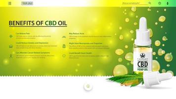 grünes Web-Banner für Website mit Glasflasche cbd Öl, Hanfblatt und Pipette auf Hintergrund von Öltropfen.