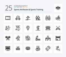 Sport Attribute und Sport Ausbildung 25 Linie Symbol Pack einschließlich Fußball. Fußball. Sport. Ball. Dehnen vektor