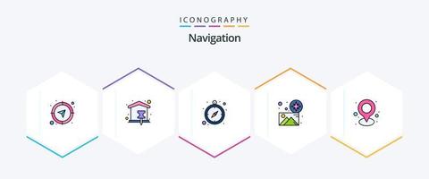 Navigation 25 gefüllte Linie Symbol Pack einschließlich Standort. Galerie. Karte Stift. Richtung. Geographisches Positionierungs System vektor