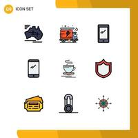 9 fylld linje platt Färg begrepp för webbplatser mobil och appar försvar varm telefon kopp iphone redigerbar vektor design element