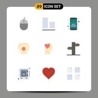 redigerbar vektor linje packa av 9 enkel platt färger av kärlek miljö telefon sinne hjärna redigerbar vektor design element