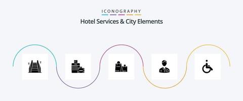 hotell tjänster och stad element glyf 5 ikon packa Inklusive barnstol. hotell. väska . dörrvakt. bellboy vektor