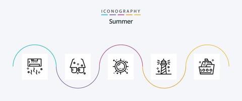 sommar linje 5 ikon packa Inklusive hav. strand. Sol. solsken. Sol vektor