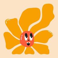 doodle blomma med tecknad rolig leende ansikte, daisy retro karaktär. söt blommig glad känsla. barnslig logotyp design med tusenskönor vektor. illustration av leende blomma vektor