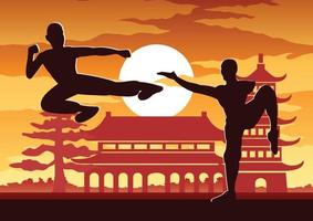 chinesischer Boxkampf Kung-Fu-Kampfkunst berühmter Sport, zwei Boxer kämpfen zusammen mit chinesischem Tempel, Sonnenuntergang-Silhouette-Design vektor