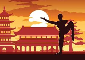 chinesischer Boxkampf Kung-Fu-Kampfkunst berühmter Sport, zwei Boxer kämpfen zusammen mit chinesischem Tempel, Sonnenuntergang-Silhouette-Design vektor