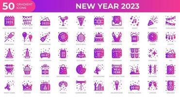 ny år 2023 ikoner i lutning stil. kalender, konfetti, pizza. lutning ikoner samling. Semester symbol. vektor illustration