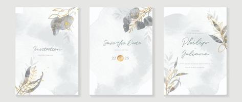 Luxus-Hochzeitseinladungskarte Hintergrundvektor. eleganter aquarellblumenblattzweig und goldlinie kunstbeschaffenheitsschablonenhintergrund. designillustration für hochzeits- und vip-cover-vorlage, banner. vektor