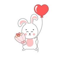 süß Hase Charakter halten Herz geformt Ballon und Blumen, Illustration zum Valentinsgrüße Tag vektor