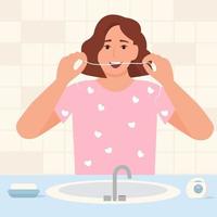 Frau Bürsten Zähne mit Dental Zahnseide im Badezimmer. lächelnd Mund mit gesund Zähne. Oral Hygiene und Täglich Routine Konzept. Vektor Illustration im eben Stil