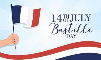Bastille-Tagesfeierkarte mit Hand, die eine französische Flagge schwenkt vektor