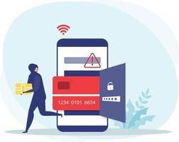 Hacker oder krimineller Dieb in Schwarz stehlen intelligentes Schiff von Debit- oder Kreditkarte auf Smartphone-Daten oder persönlichem Identitätskonzept, vektor