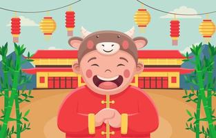 kinesiskt nyår med ett lyckligt uttrycksbarn vektor