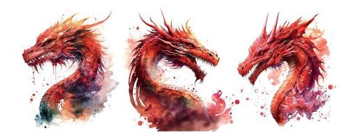 Chinesisch rot Drachen einstellen Vektor Hand gezeichnet Aquarell Illustration skizzieren zum dekorativ Design von asiatisch Kultur Feierlichkeiten, traditionell Ferien Banner, Gruß Karten