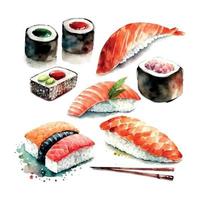 einstellen von schön lecker japanisch Sushi Meeresfrüchte - - Aquarell Hand gezeichnet Objekte isoliert auf Weiß Hintergrund - - Vektor Illustration