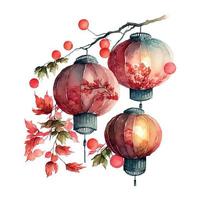 kinesisk ny år festlig vektor kort design på vattenfärg bakgrund kinesisk röd lyktor