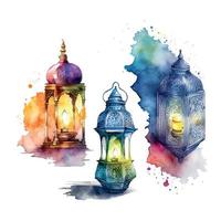 Ramadan Taschenlampe karem. Moschee Nacht. Arabisch Laternen. hell Aquarell Flecken Hintergrund. Vektor Illustration.