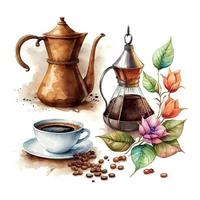 einstellen von Aquarell Gemälde Kunst Paket mit Kaffee Bohnen, Kaffee Schleifer, Kaffee Hersteller und Gewürze Zimt, Nelken. schwarz Kaffee oder Cappuccino. heiß trinken zum Frühstück. erfrischend trinken. isoliert vektor