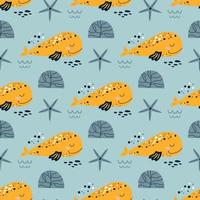 Wal wiederholen Hintergrund Super süß Wal nahtlos Muster zum Baby drucken Meer Kinder Stoff Design, Spaß Fisch, grau Kinder nautisch Muster. unter Meer Hintergrund Textil. Wasser- Vektor Karikatur Illustration.