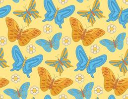 häftig mönster med hippie ljus fjärilar och daisy blomma på gul bakgrund i 60s 70s platt stil. vektor