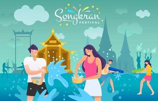 thailändska par stänkande vatten i songkran festival vektor