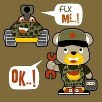 süß Bär das Militär- Mechaniker mit komisch gepanzert Fahrzeug, Vektor Karikatur Illustration