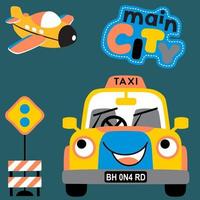 städtisch Transport, Flugzeug und komisch Taxi mit Straße Zeichen, Vektor Karikatur Illustration