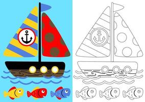 Färbung Seite mit Segelboot und Fisch, Vektor Karikatur Illustration