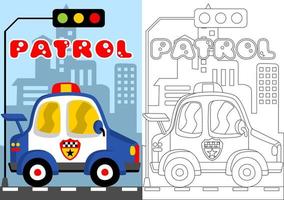 polis bil med sluta ljus på byggnader bakgrund, vektor tecknad serie för färg bok eller sida