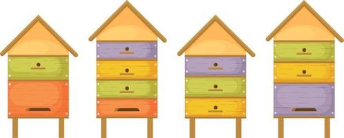 Bienenstock. Bienenstöcke. vier hölzern Bienenstöcke im das bilden von Häuser. bunt Bienenstöcke im Karikatur Stil. Häuser zum Honig Bienen. Vektor Illustration isoliert auf ein Weiß Hintergrund