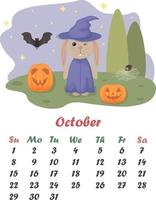 Kalender Oktober. süß Hase im ein Hut und ein Hexe s Mantel. das Hase steht Nächster zu Kürbisse, Spinnen und ein Schläger, gegen das Hintergrund von das sternenklar Himmel. Halloween. Vektor Illustration