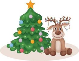 Hirsch in der Nähe von das Weihnachten Baum. Weihnachten Illustration mit das Bild von ein süß Hirsch Sitzung in der Nähe von ein dekoriert Weihnachten Baum. ein Hirsch mit Girlanden auf es ist Hörner. Vektor Illustration