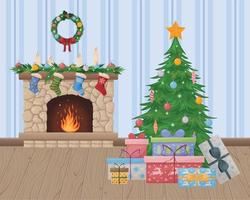 Weihnachten Innere. Weihnachten Illustration abbilden ein festlich Innere. ein Zimmer mit ein Kamin mit ein Feuer, ein Weihnachten Baum und Geschenke. Vektor Illustration.