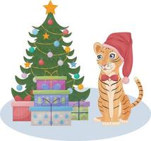 süß Weihnachten Illustration mit ein süß Tiger im ein rot Hut Sitzung Nächster zu ein festlich Weihnachten Baum mit Geschenke. ein Symbol von das Neu Jahr. Kinder s Neu Jahr s Illustration. Urlaub Karte, Vektor
