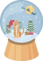 jul snö klot. en snö klot med en söt tiger, jul träd och santa claus ren på de bakgrund av de måne. en jul tillbehör. en festlig leksak. vektor illustration