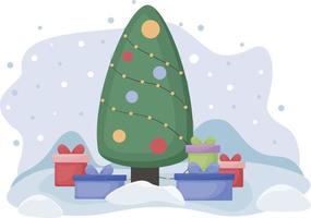 jul träd. söt tecknad serie bild av en jul träd dekorerad med jul bollar. jul träd med gåvor, mot de bakgrund av snöfall. vektor illustration