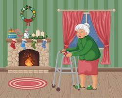mormor i de jul interiör. en ljuv gammal lady är stående nära de öppen spis dekorerad med jul Tillbehör. ett äldre kvinna i de rum. vektor illustration