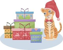 söt jul illustration med de bild av en söt tiger i en röd hatt Sammanträde Nästa till de gåvor. en symbol av de ny år. barn s ny år s illustration. Semester kort, vektor illustration