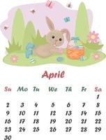 kalender april. en söt kanin är liggande med en korg av påsk ägg. kalender med tecknad serie kanin. vektor illustration