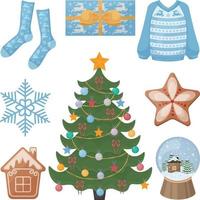 en stor jul uppsättning med festlig objekt sådan som en gåva, en snö klot, en pepparkaka, som väl som en jul träd leksak och en Tröja. samling av jul föremål. symboler av de ny år. vektor