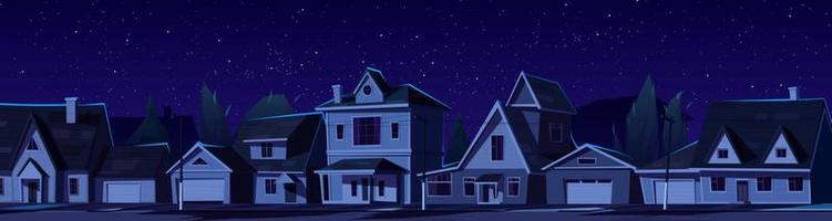 Vorort- Stadt, Dorf Straße mit dunkel Häuser beim Nacht vektor