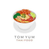 thai mat tom yum soppa vektor illustration logotyp med skaldjur fyllning och färsk kryddad skysås i en vit skål