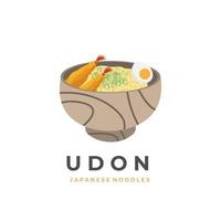 traditionell japansk udon soppa vektor illustration logotyp med ägg och räka tempura i en trä- skål