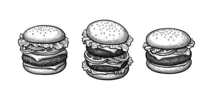 doppelt Pastetchen Burger, Hamburger und Cheeseburger. Sammlung von Tinte Skizzen isoliert auf Weiß Hintergrund. Hand gezeichnet Vektor Illustration. retro Stil.