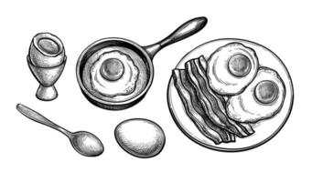friterad och mjuk kokt ägg. frukost uppsättning. bläck skiss av frukost isolerat på vit bakgrund. hand dragen vektor illustration. retro stil.