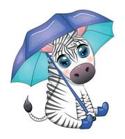 randig zebra med paraply, söt unge karaktär. höst är kommande, regn och gul löv vektor