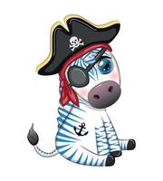 söt zebra pirat i en spänd hatt med ett öga lappa. pirater och skatter, öar och handflatan träd vektor